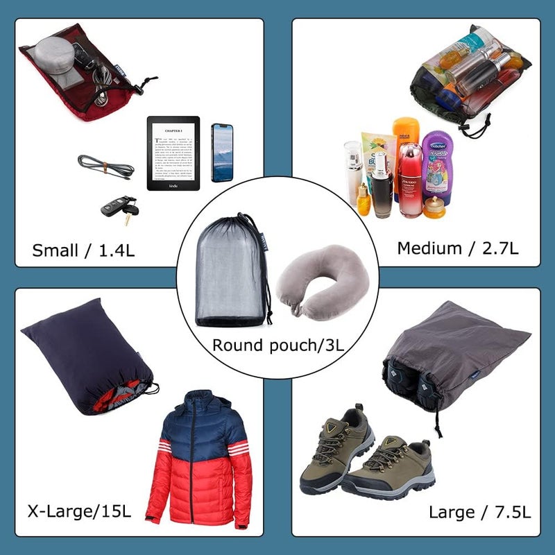 EXERMIL Nylon Stuff Sack Set 5-Piece (1.4L/2.7L/3L/7.5L/15L); Drawstring Storage Sack; Mesh Bags; Ditty Bags Small M Large XL for Organization Travel Camping Backpacking Down Jacket; Assorted Colors - Image 3